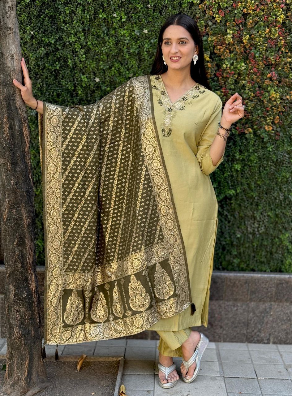 Lorenvalley Fashion Pista Roman Silk Hand Work Kurta Pant with Dupatta - Distacart