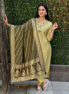 Lorenvalley Fashion Pista Roman Silk Hand Work Kurta Pant with Dupatta - Distacart
