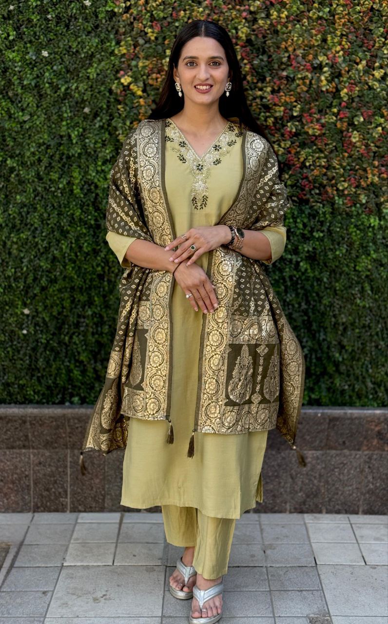 Lorenvalley Fashion Pista Roman Silk Hand Work Kurta Pant with Dupatta - Distacart