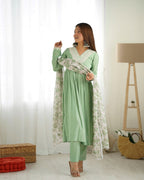 Lorenvalley Pista Roman Silk Chanderi Fabric Fit Nyra Cut Kurta Pant With Dupatta Set - Distacart