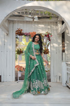 Lorenvalley Pista Gold Coin Fabric with Sequins and Thread Embroidered work Lehenga Choli with Dupatta