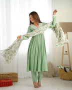 Lorenvalley Pista Roman Silk Chanderi Fabric Fit Nyra Cut Kurta Pant With Dupatta Set - Distacart
