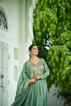 Lorenvalley Fashion Pista Vichitra Silk with Embroidered Zari & Thread work Anarkali Gown with Dupatta - Distacart