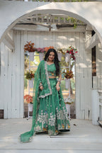 Lorenvalley Pista Gold Coin Fabric with Sequins and Thread Embroidered work Lehenga Choli with Dupatta