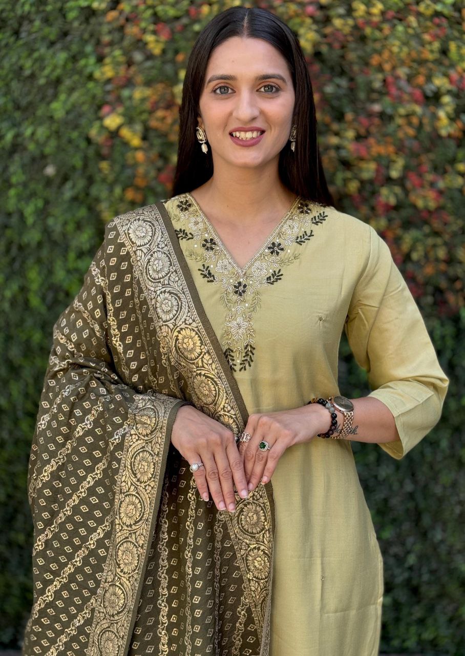Lorenvalley Fashion Pista Roman Silk Hand Work Kurta Pant with Dupatta - Distacart