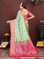 Lorenvalley Fashion Pista Organza Silk Woven Design with Rich Meenakari Weaving Pallu Saree