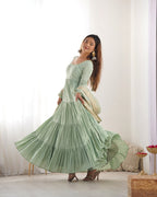 Lorenvalley Women Pure Roman silk Chanderi Fabric Layer Gathering Anarkali Kurta Pant With Dupatta Set