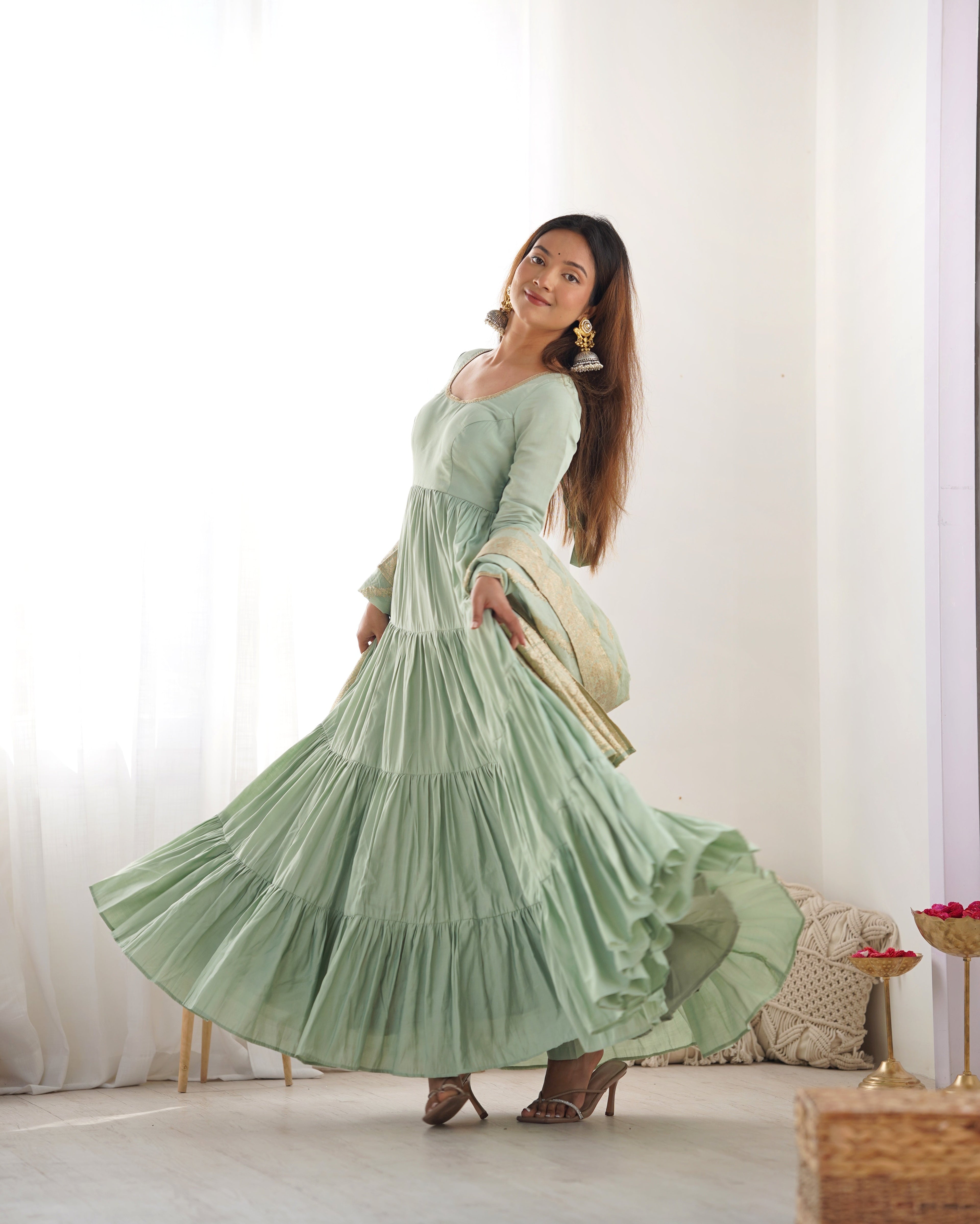 Lorenvalley Women Pure Roman silk Chanderi Fabric Layer Gathering Anarkali Kurta Pant With Dupatta Set
