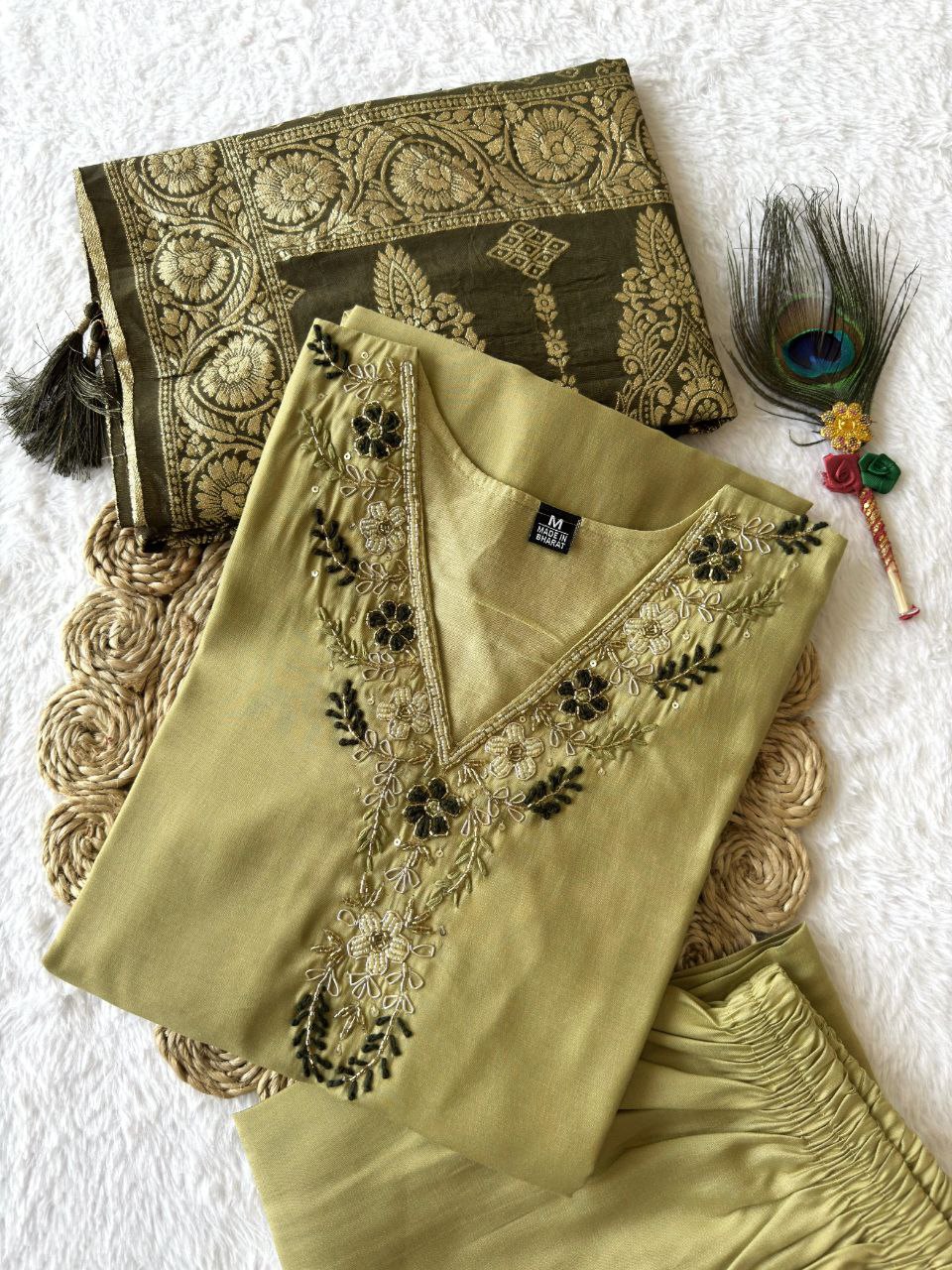 Lorenvalley Fashion Pista Roman Silk Hand Work Kurta Pant with Dupatta - Distacart