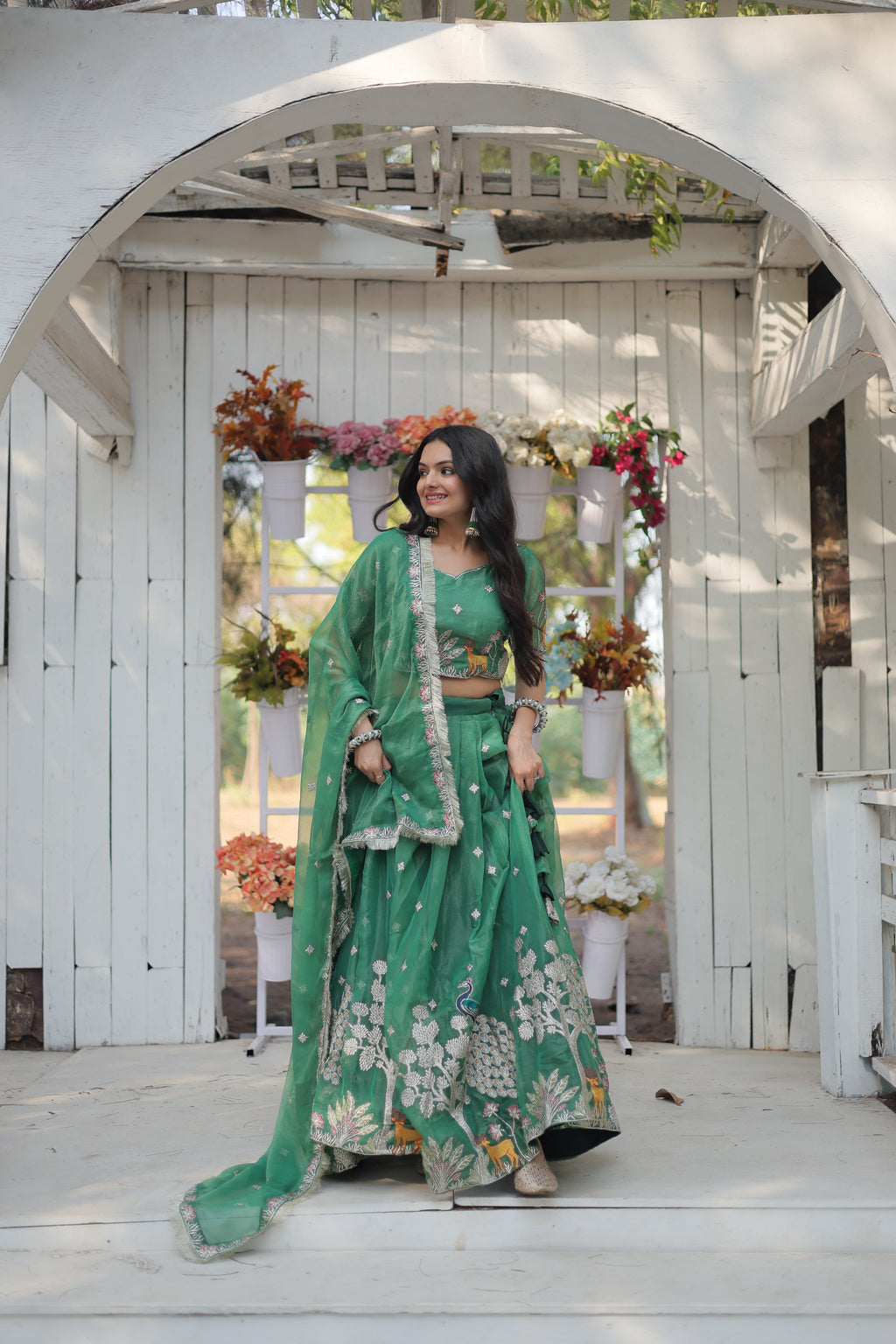Lorenvalley Pista Gold Coin Fabric with Sequins and Thread Embroidered work Lehenga Choli with Dupatta
