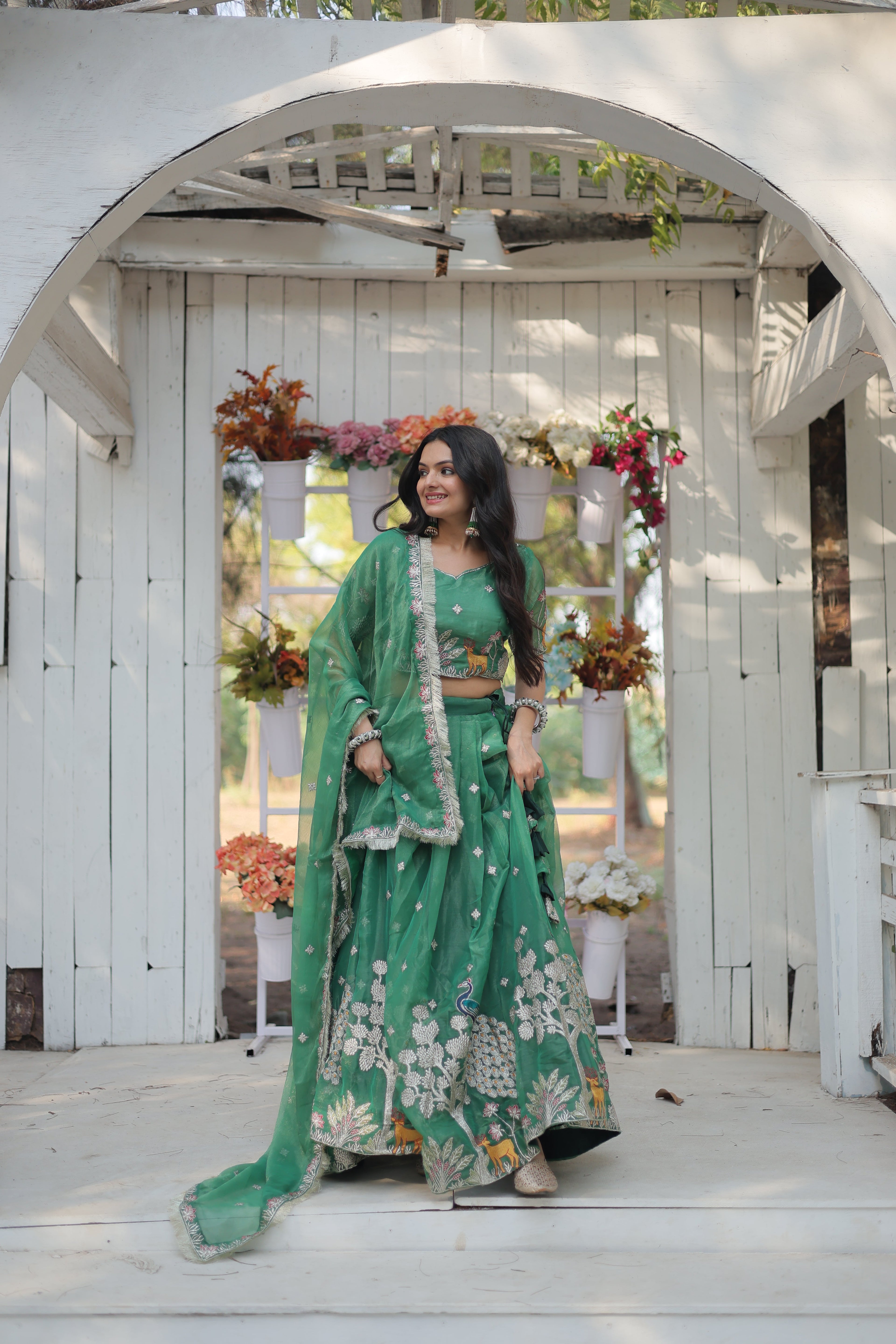 Lorenvalley Pista Gold Coin Fabric with Sequins and Thread Embroidered work Lehenga Choli with Dupatta