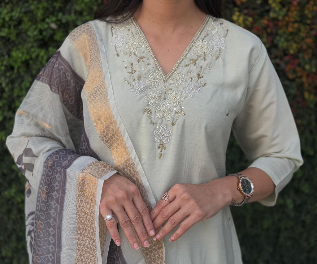 Lorenvalley Fashion Pista Roman Silk Hand Work Kurta Pant with Dupatta - Distacart