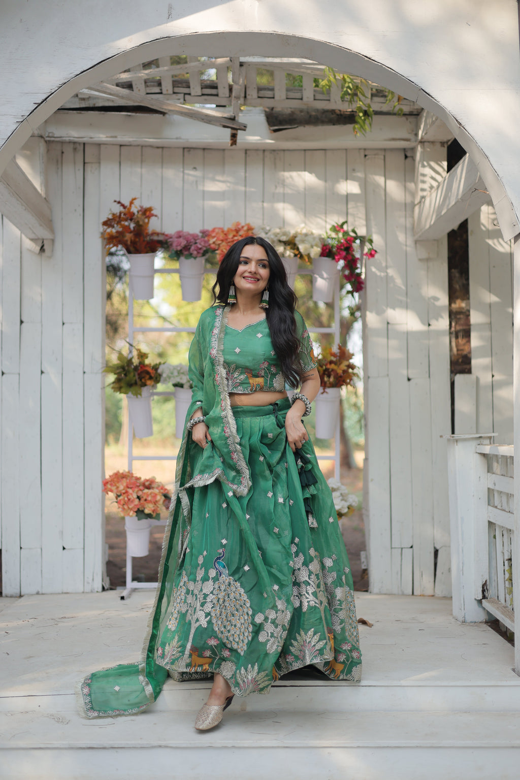 Lorenvalley Pista Gold Coin Fabric with Sequins and Thread Embroidered work Lehenga Choli with Dupatta