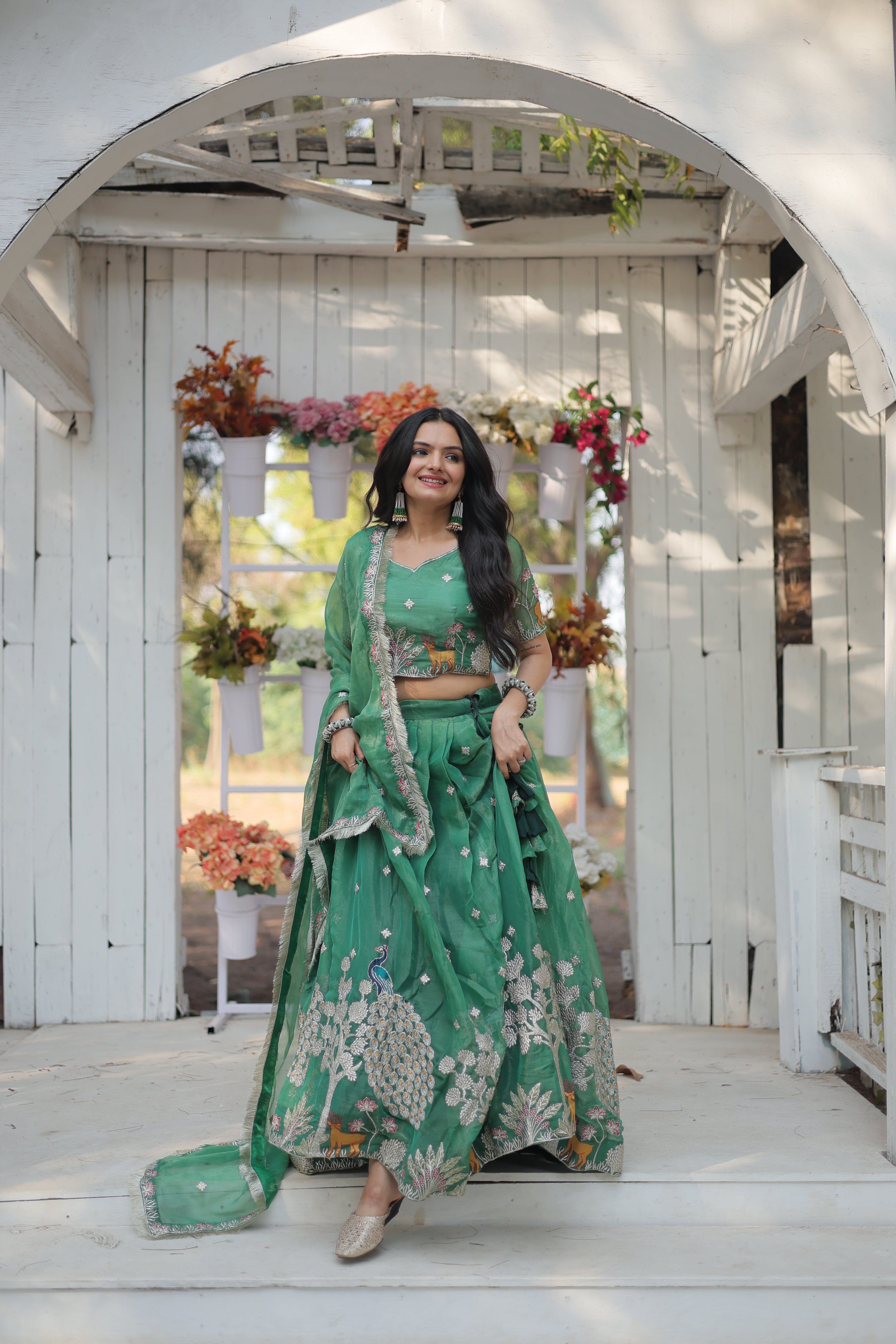 Lorenvalley Pista Gold Coin Fabric with Sequins and Thread Embroidered work Lehenga Choli with Dupatta