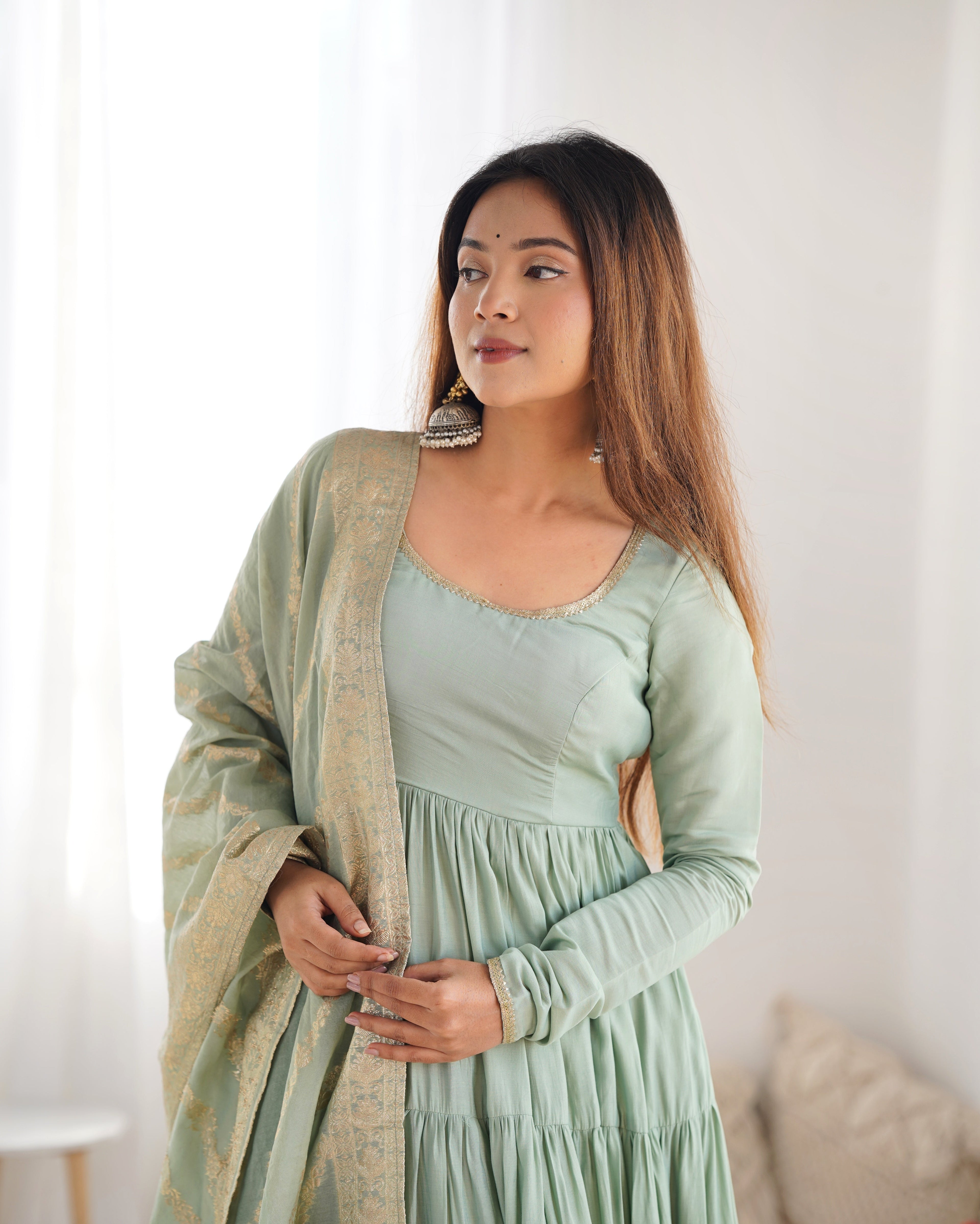 Lorenvalley Women Pure Roman silk Chanderi Fabric Layer Gathering Anarkali Kurta Pant With Dupatta Set