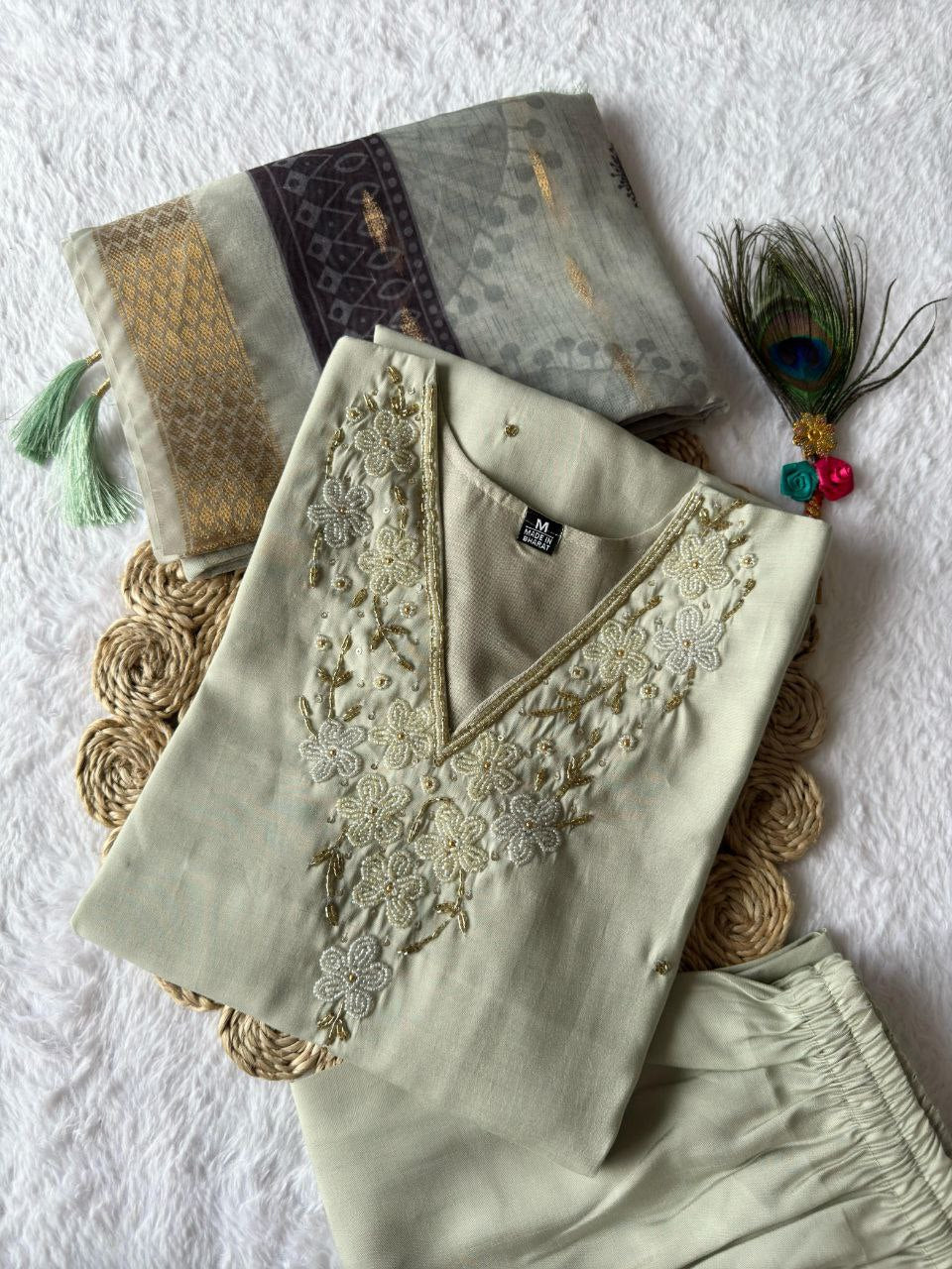 Lorenvalley Fashion Pista Roman Silk Hand Work Kurta Pant with Dupatta - Distacart