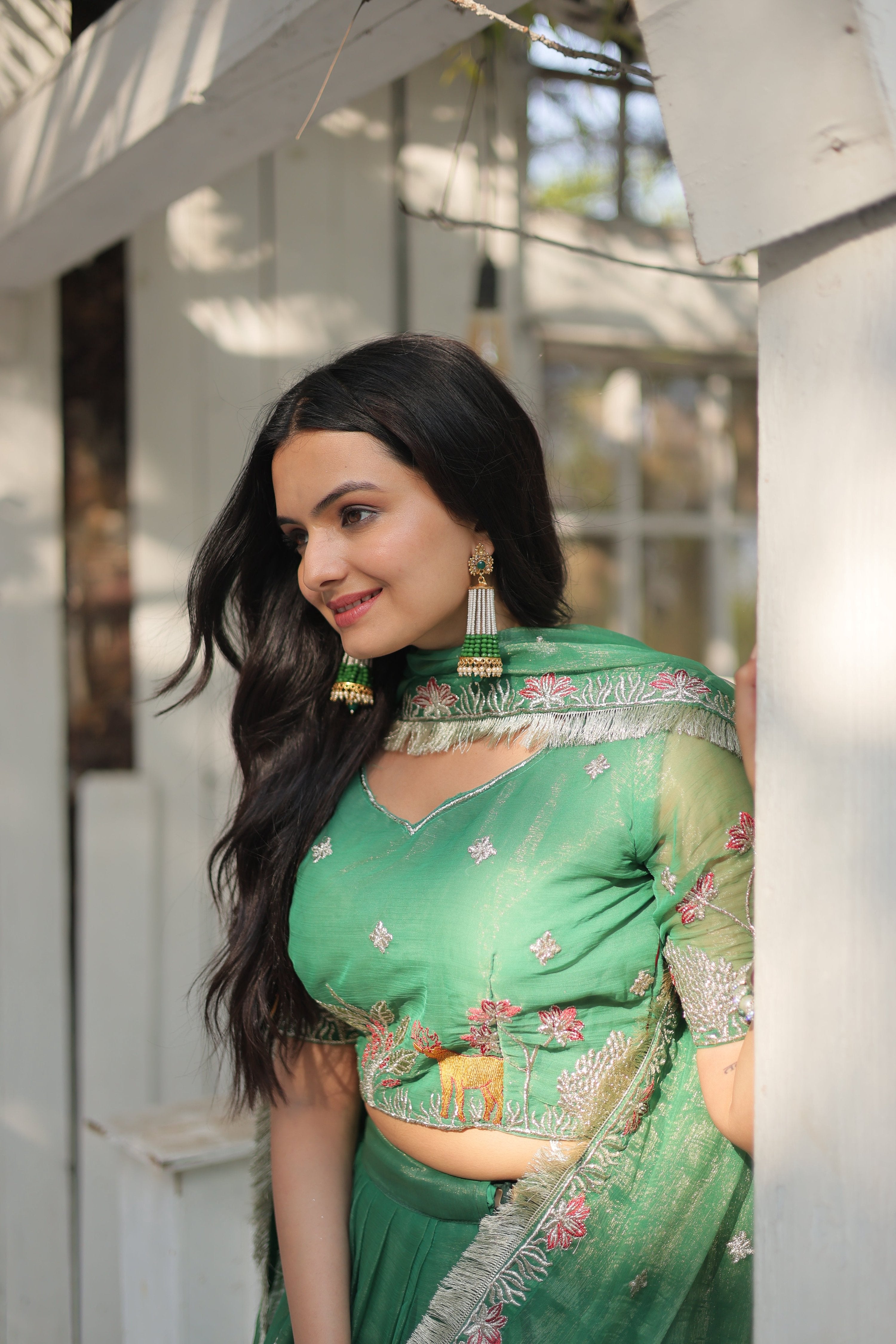 Lorenvalley Pista Gold Coin Fabric with Sequins and Thread Embroidered work Lehenga Choli with Dupatta