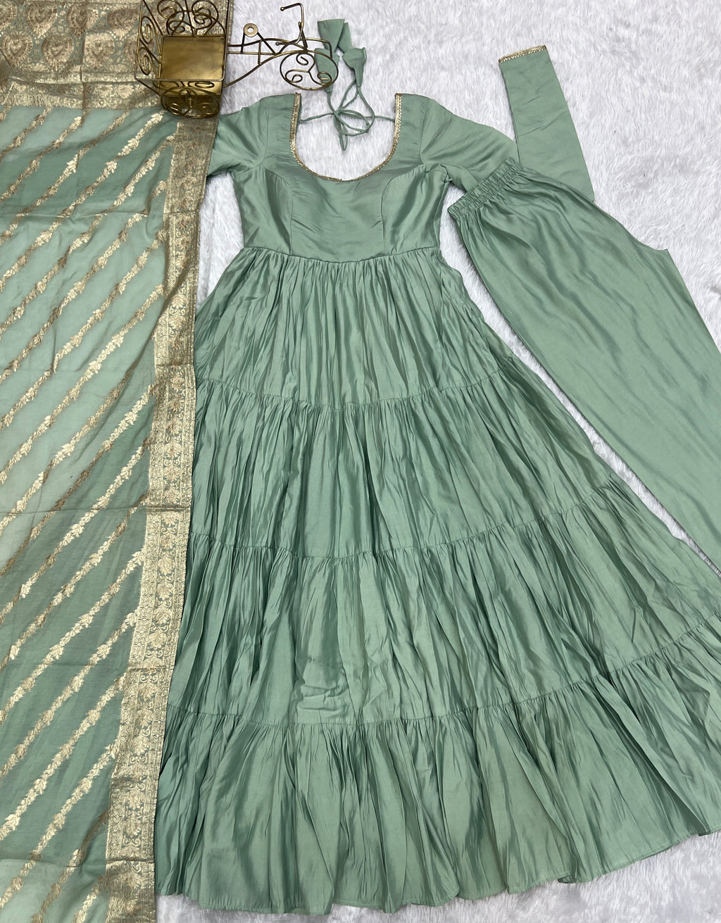 Lorenvalley Women Pure Roman silk Chanderi Fabric Layer Gathering Anarkali Kurta Pant With Dupatta Set