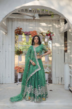 Lorenvalley Pista Gold Coin Fabric with Sequins and Thread Embroidered work Lehenga Choli with Dupatta