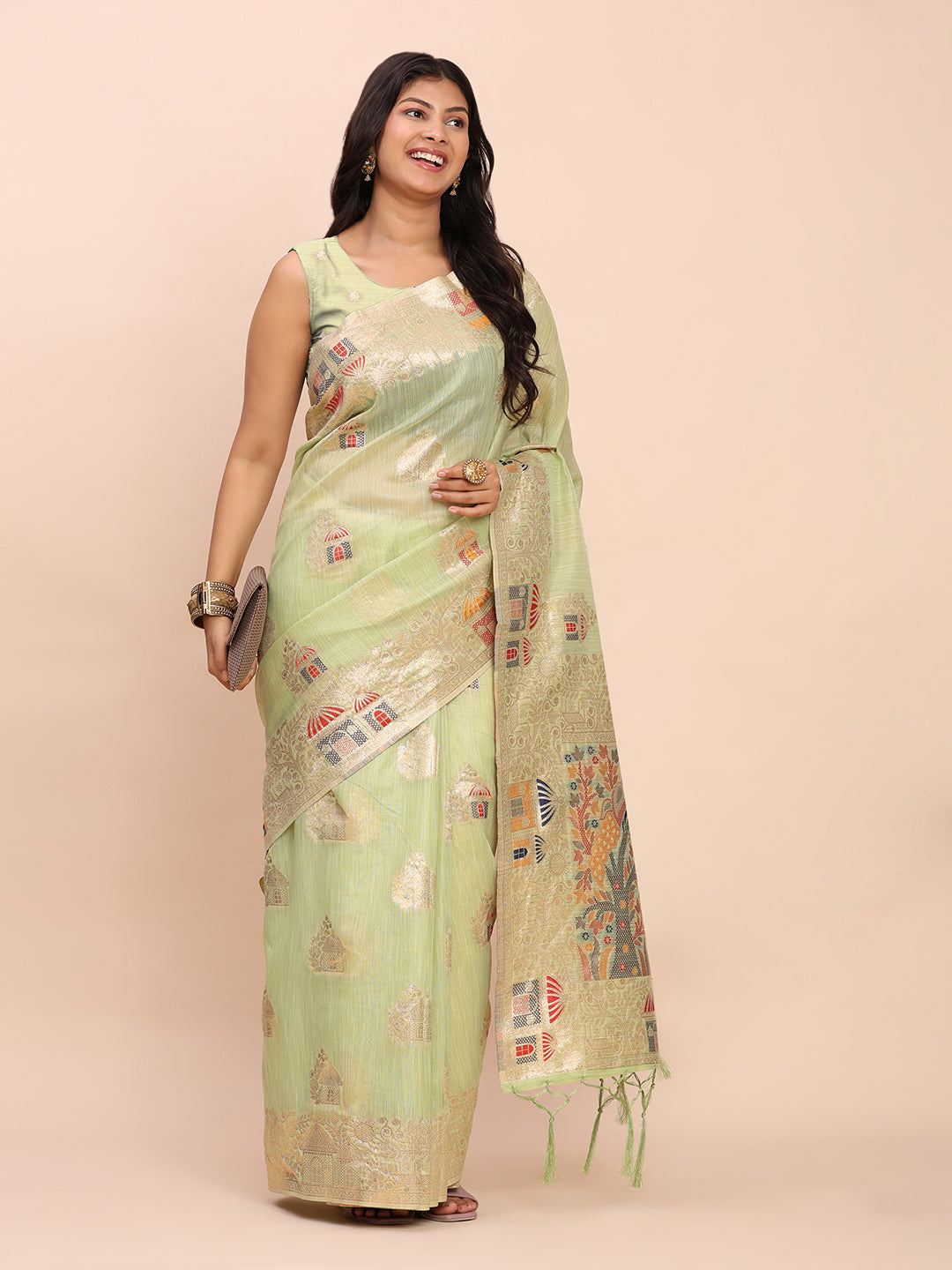 Anaita Rama Linen Woven Work Saree With Blouse - Distacart