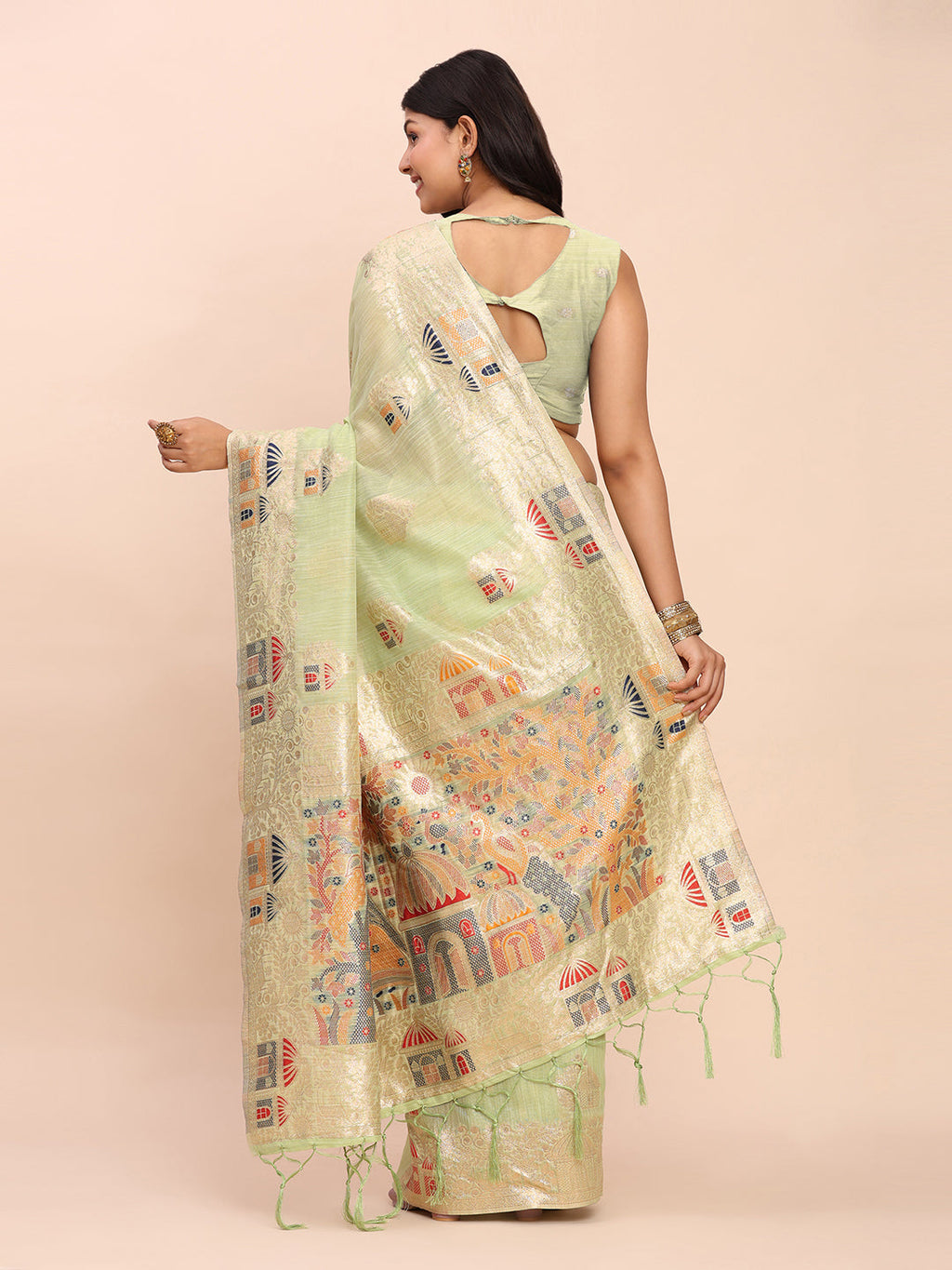 Anaita Rama Linen Woven Work Saree With Blouse - Distacart