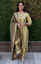 Lorenvalley Fashion Pista Roman Silk Hand Work Kurta Pant with Dupatta - Distacart