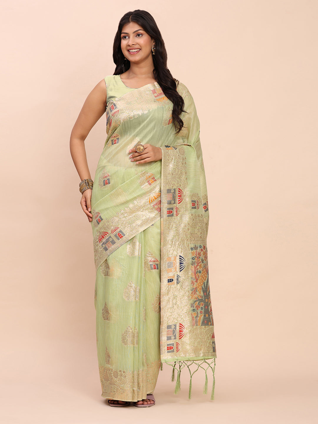 Anaita Rama Linen Woven Work Saree With Blouse - Distacart