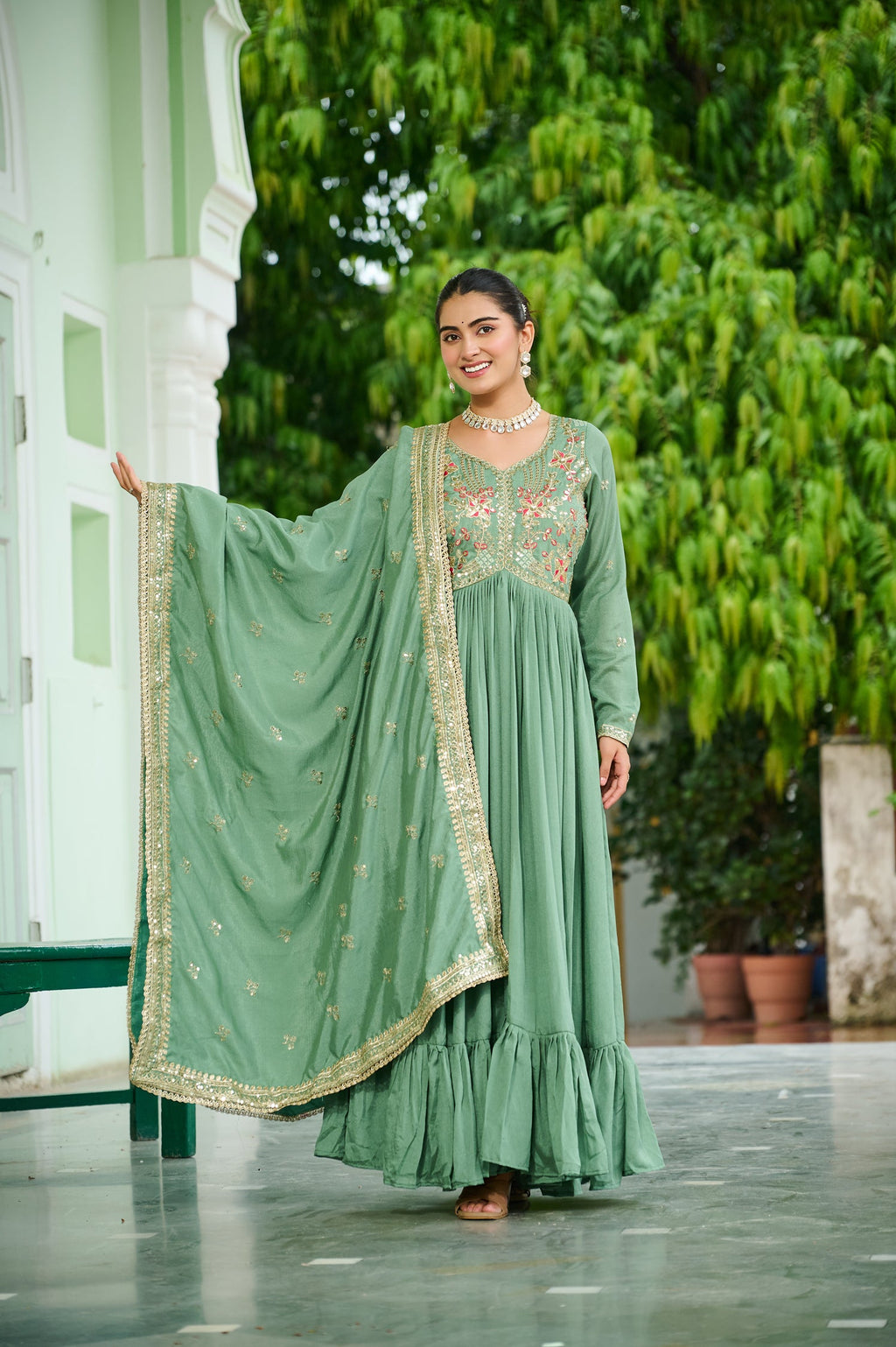 Lorenvalley Fashion Pista Vichitra Silk with Embroidered Zari & Thread work Anarkali Gown with Dupatta - Distacart