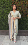 Lorenvalley Fashion Pista Roman Silk Hand Work Kurta Pant with Dupatta - Distacart