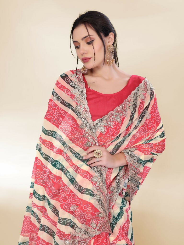 Off White Georgette Bandhani Printed,Embroidery Work Saree - Bandhan