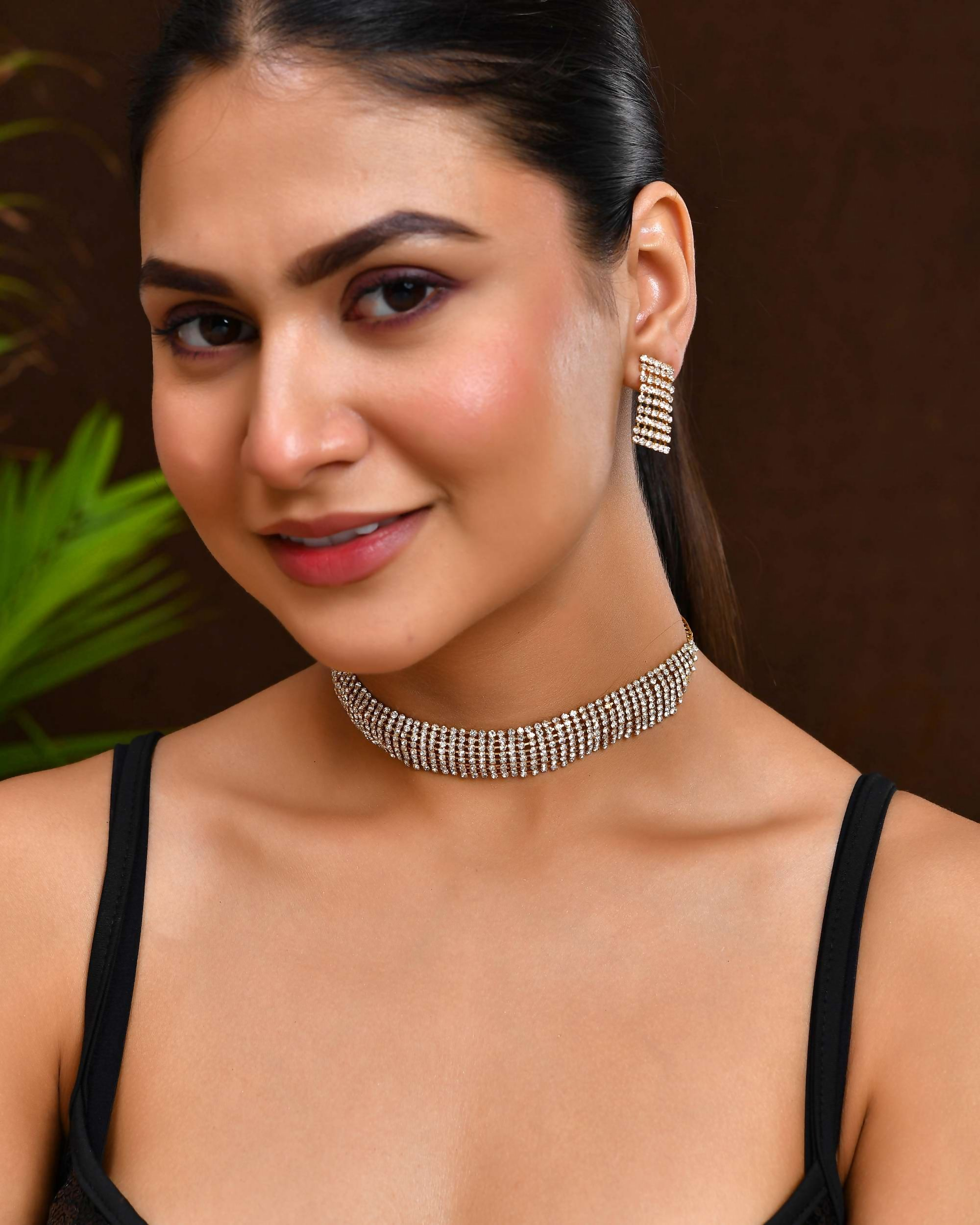 Jewels Nest Gold-Plated American Diamond Wide Choker Necklace Set