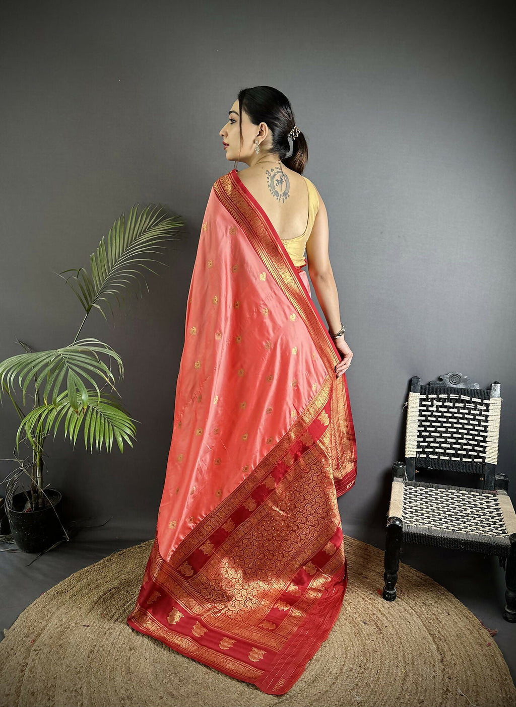 Joban Fashion Peach Banarasi Soft Silk Woven Butti Saree - Distacart