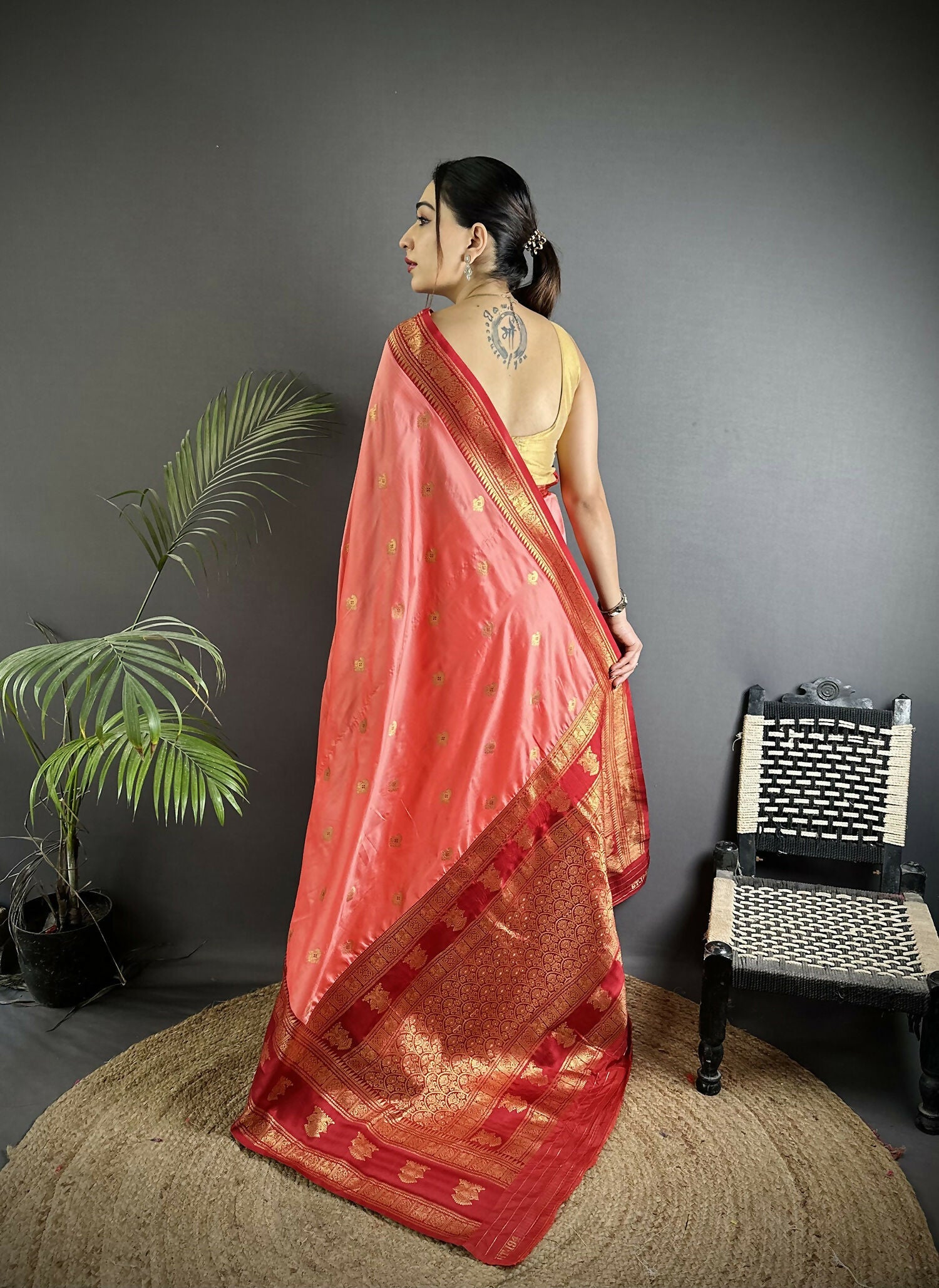 Joban Fashion Peach Banarasi Soft Silk Woven Butti Saree - Distacart