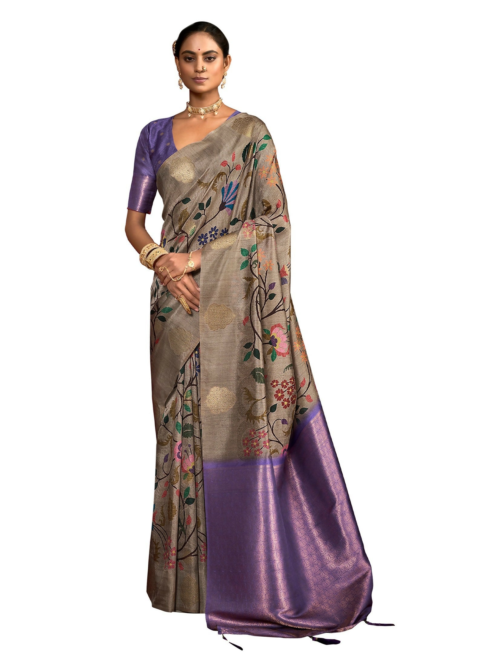 Joban Fashion Powder Blue Soft Silk Weaving Fabric With Digital Jamdani Print With Jacquard Rich Pallu & Blouse With Spring Tassels - Distacart