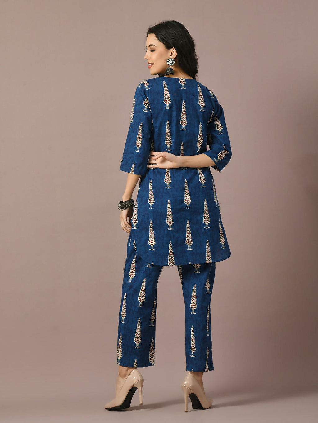 Myshka Women's Blue Printed Cotton Round Neck Party Tunic With Trousers Co-ord set
