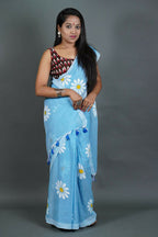 Exclusive Collection Sky Pure Cotton Saree With Sunflower Design - Distacart