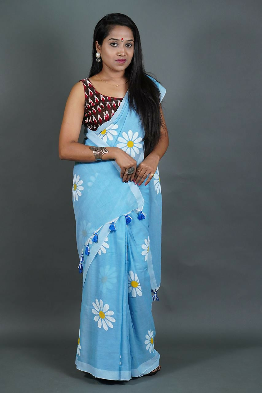 Exclusive Collection Sky Pure Cotton Saree With Sunflower Design - Distacart