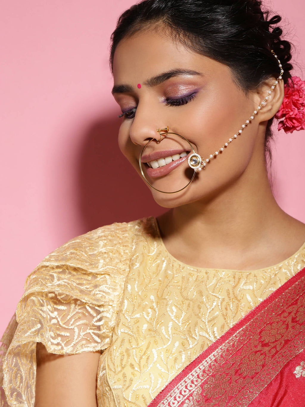 Gold-Plated White Kundan Studded Beaded Nosepin - Ruby Raang - Distacart