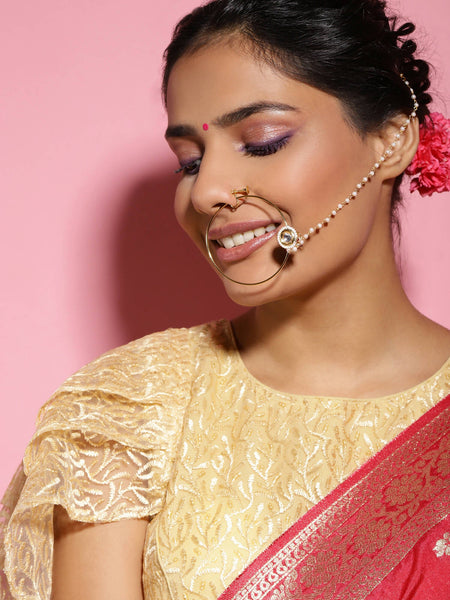 Gold-Polished white kundan nosepin - Ruby Raang