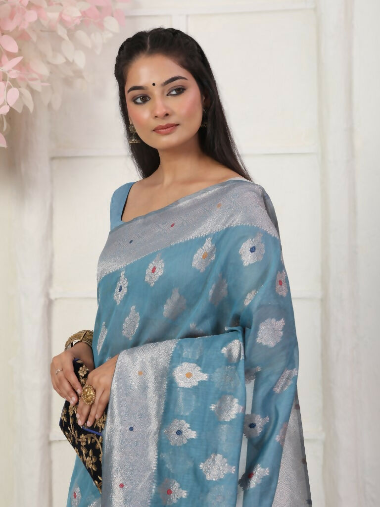 Shree Shyam Fashion Linen Cotton Sky Blue Saree - Distacart