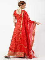 Cheera Women's Red Cotton Hand Block Print Long Dress With Silk Dupatta Set