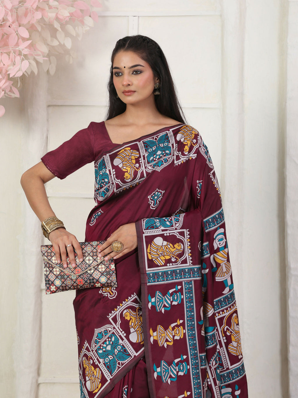 Shree Shyam Fashion Silk Blend Wine Saree - Distacart