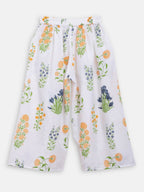 Ahalyaa Off White Cotton Printed Kids Top and Palazzo With Net Jacket For Girls