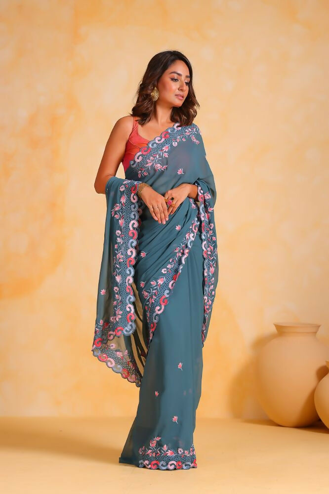 Vamsee Priya Blue Georgette Silk Saree