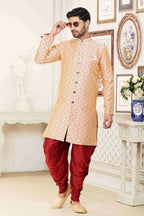 Raivat Ethnic Banarasi Jacquard Embroidery Semi Indo Western Sherwani In Cream Maroon Colour