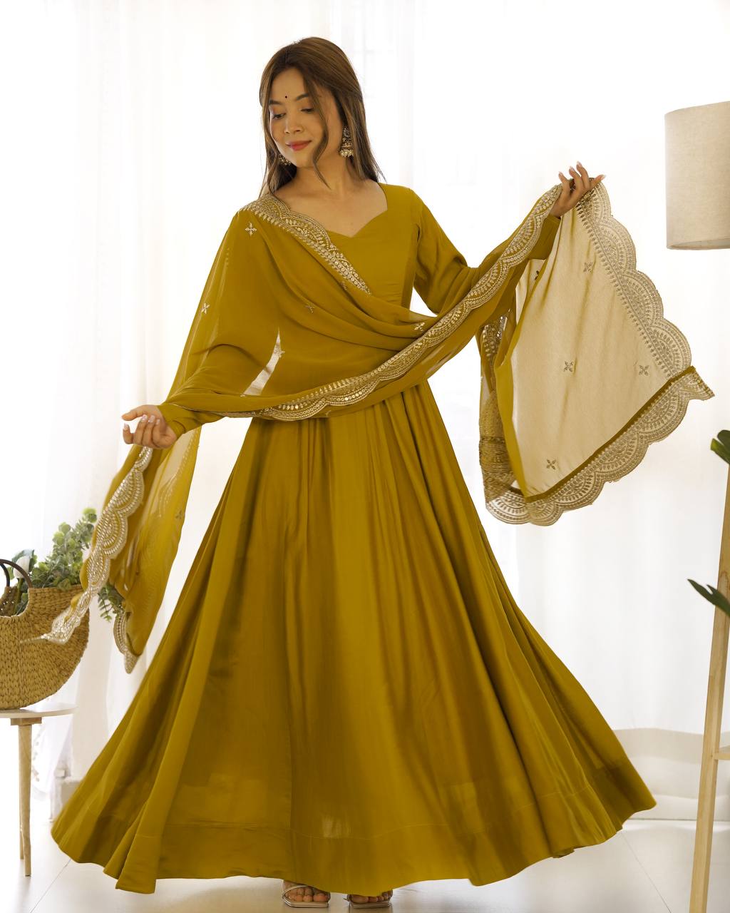 Lehenga Mart Wedding Wear Anarkali Suit With Dupatta - Mustard