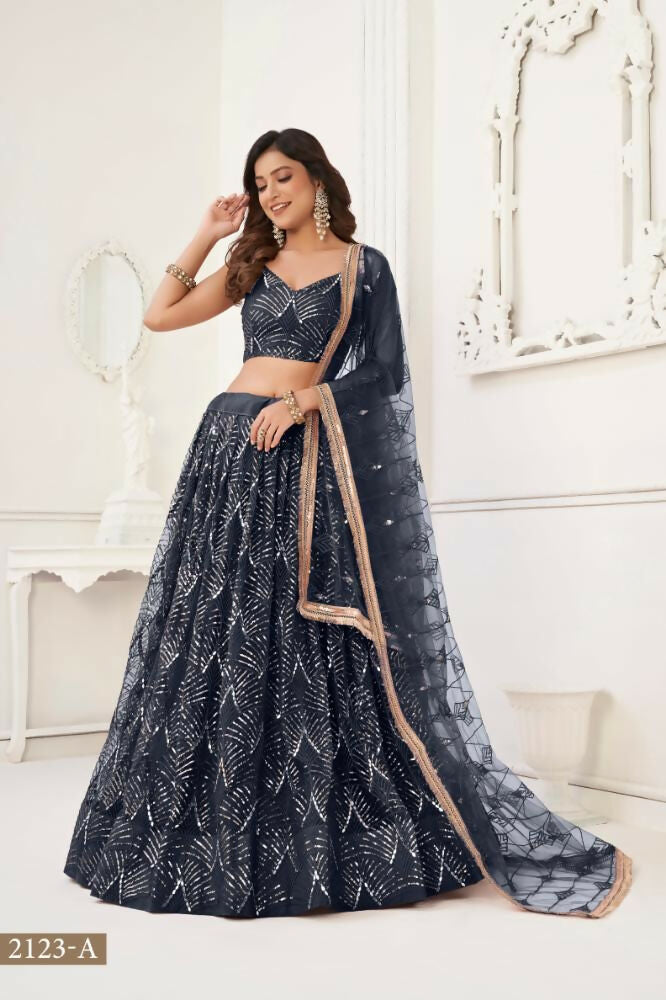 Aastha Fashion Black Butterfly Net Tone To Tone Thread Work, Sequence Work And Original Mirror Work Embroidery Wedding Wear Lehenga Choli