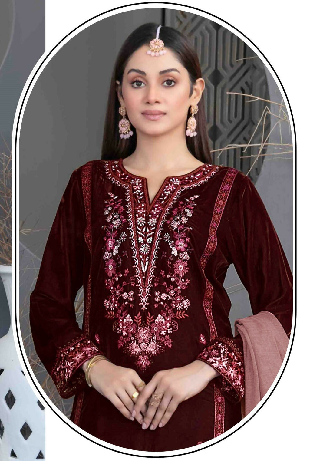 Anaita Maroon Velvet Suit with Embroidery Sequence Work - Distacart