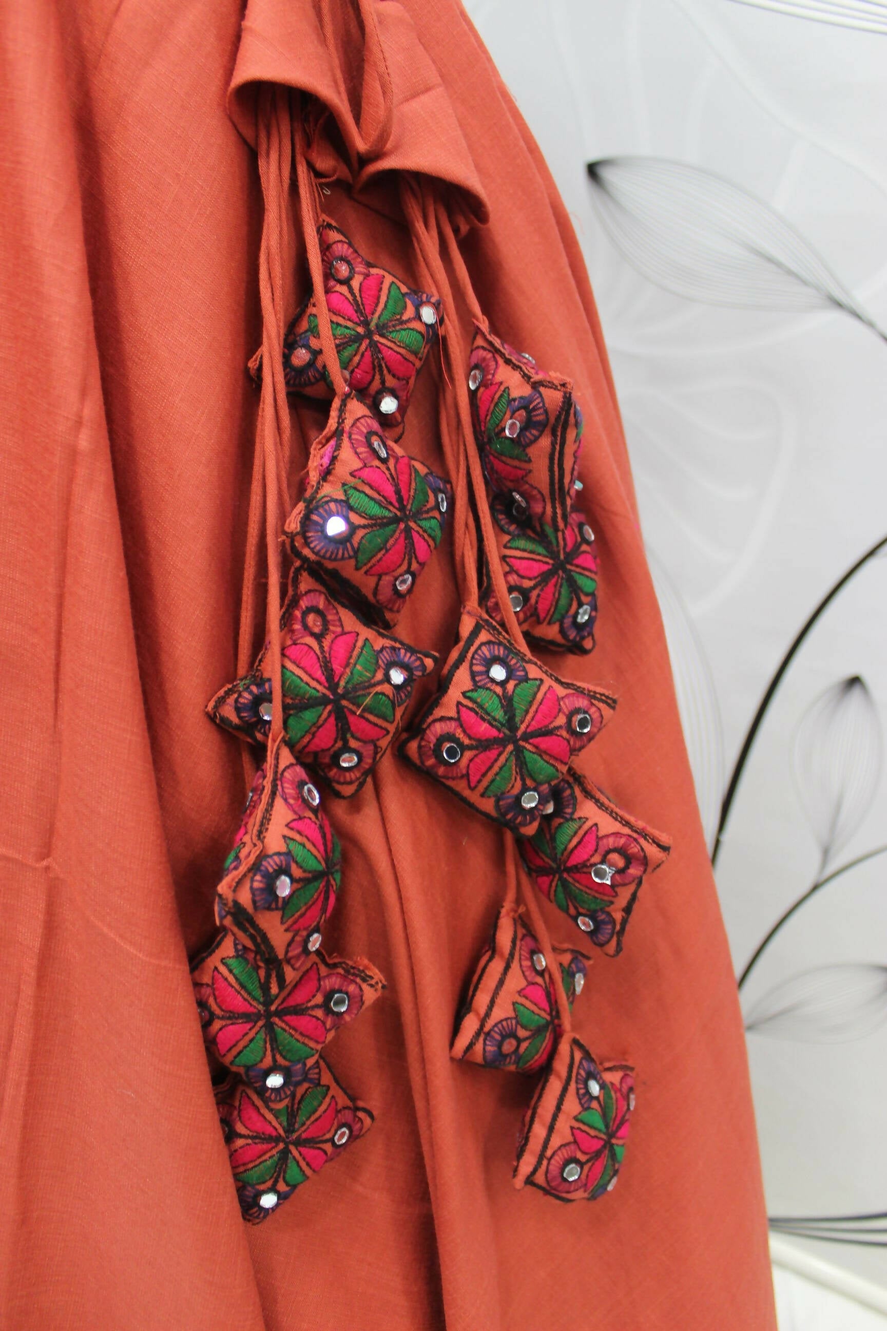 Orange Cotton Thread Embroidered Navratri Lehenga Choli with Dupatta - Raas