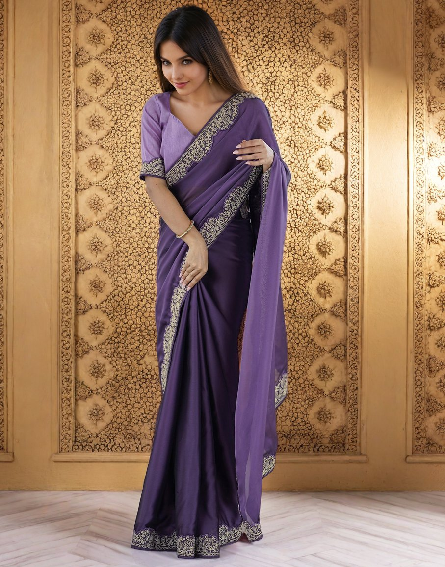 Lorenvalley Fashion Lavender Rangoli Silk with Coding Lace Work Saree with Blouse - Distacart